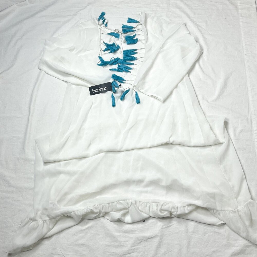 NWT Boohoo Size 14 Maxi Beach Dress Sheer White Plus Turquoise Tassle Scoop Back